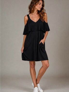LA Made Black Cold Shoulder Ruffle Swing Dress NWT